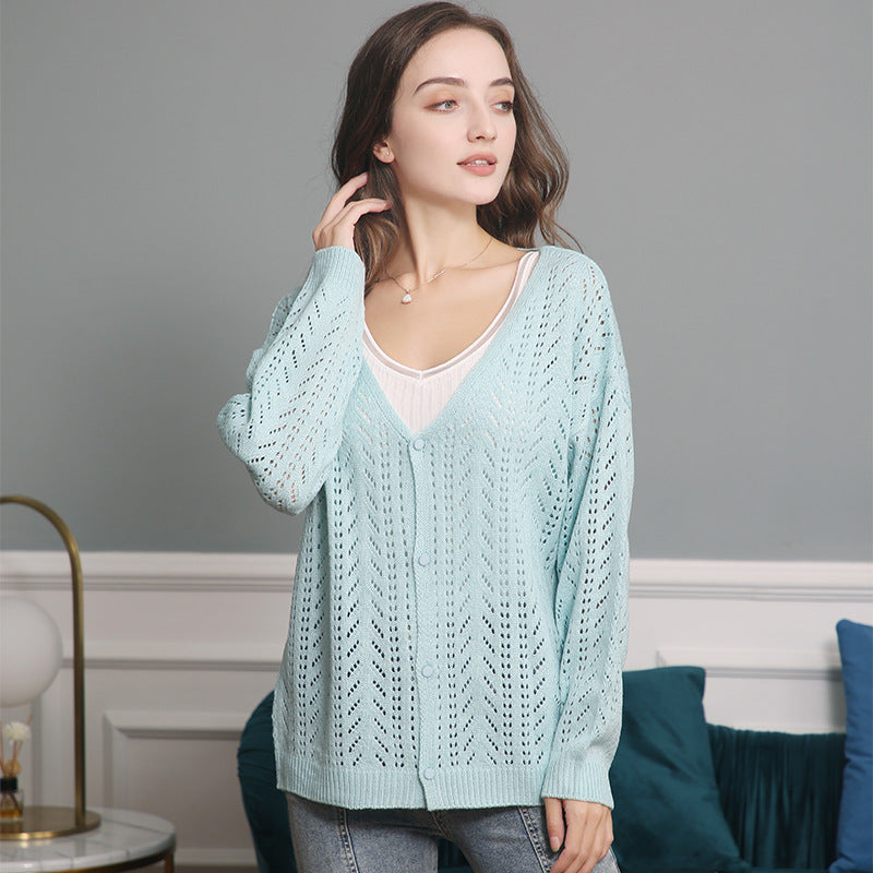 Women's Lightweight Lace Knit Cardigan with Deep V-Neck and Button Placket Chichicherry