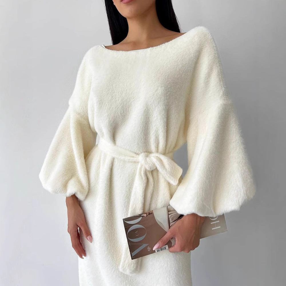 Damen Kuschel-Midikleid mit Bindegürtel und Ballonärmeln Chichicherry
