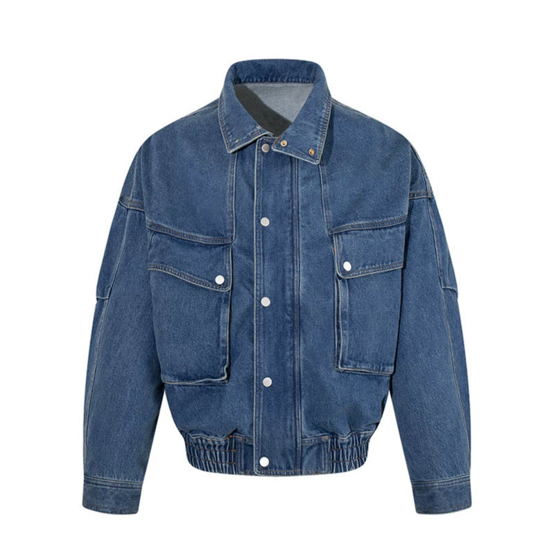 Women's Oversized Denim Jacket with Stand-up Collar, Press Stud Placket and Patch Cargo Pockets Chichicherry