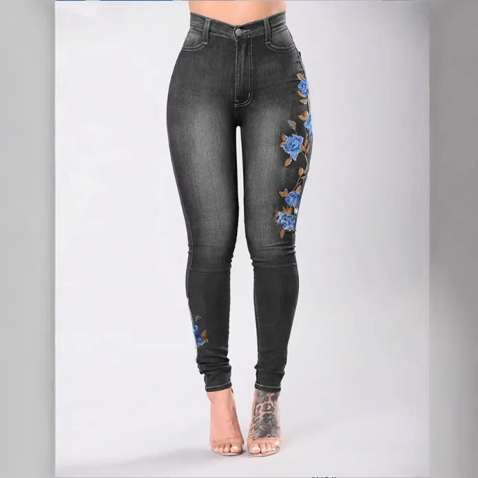 Women High-Waisted Sculpting Skinny Jeans with Side Floral Embroidery Chichicherry