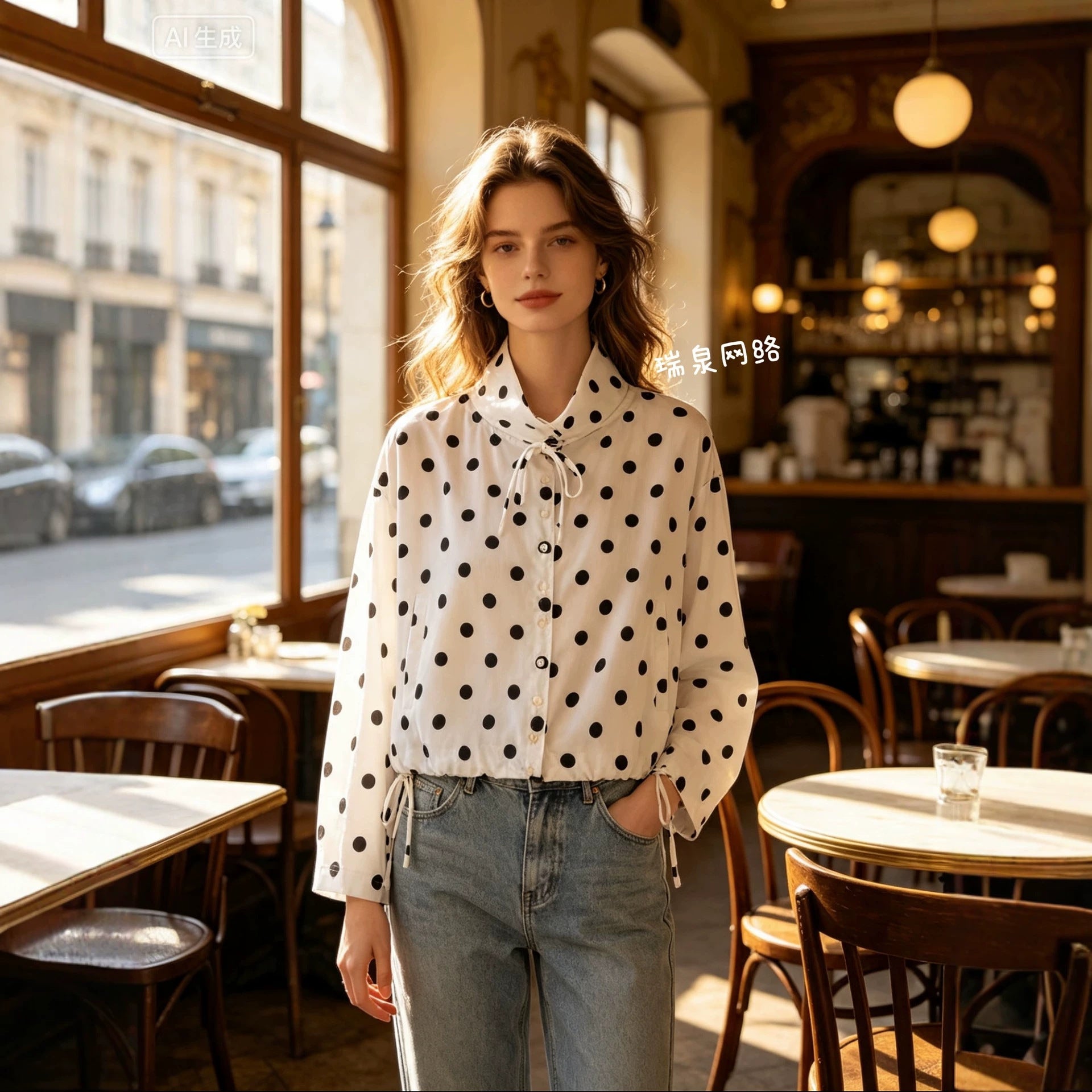 Women's Light Blouse with Polka Dot, Feminine Puff Sleeve and Full Button Placket Chichicherry