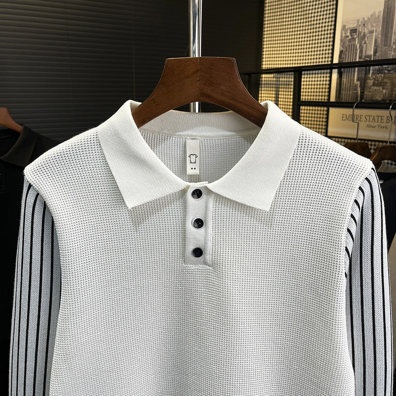 Herren Strick-Poloshirt mit kontrastgestreiften Ärmeln und feiner Struktur Chichicherry
