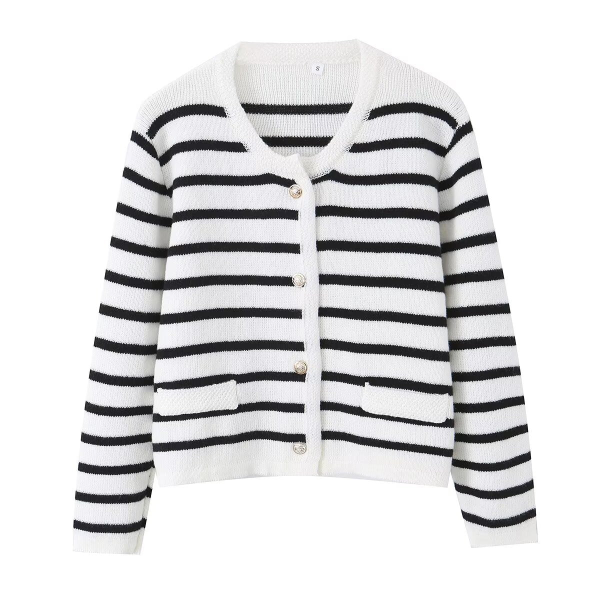 Women Striped Cardigan with Round Neck, Decorative Button Placket and Patch Pockets Chichicherry