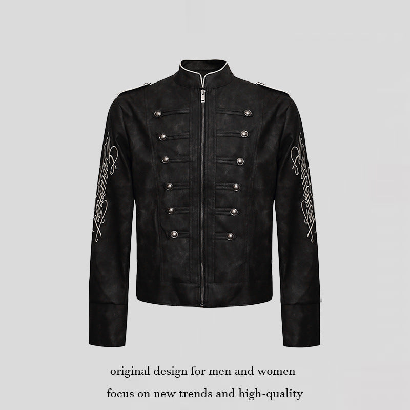 Men's military-inspired leather jacket with stand-up collar, decorative button rows, and embroidered sleeves Chichicherry