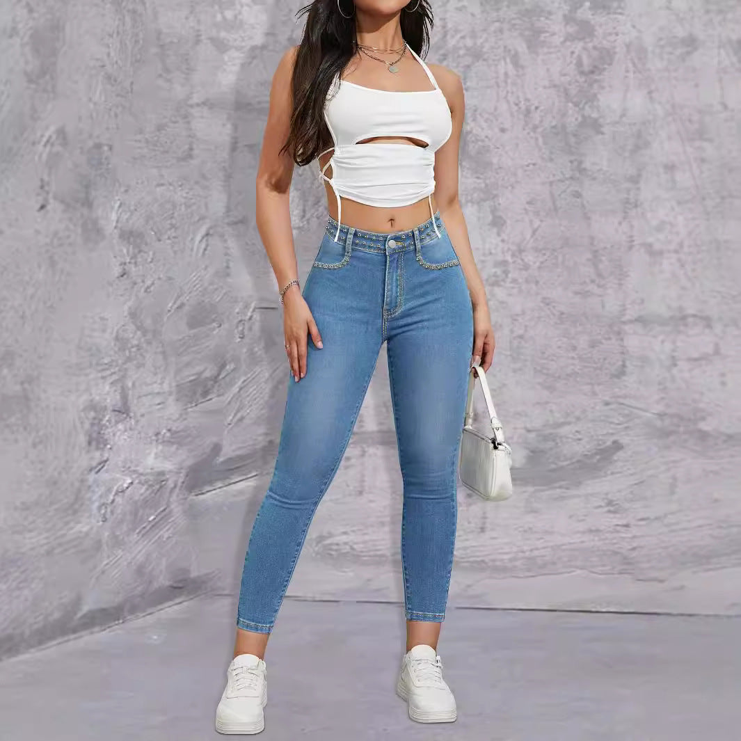 Ladies high-waisted skinny jeans with rhinestone embellishments and ankle-length cut Chichicherry