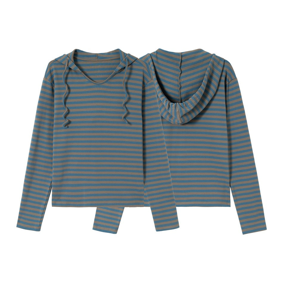 Women's Striped Long Sleeve Hoodie Shirt with V-Neck and Hood Drawstring Chichicherry