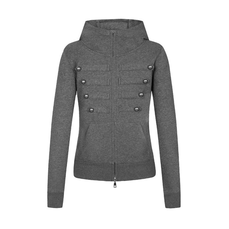 Ladies hooded sweatshirt jacket in military style with stand-up collar, decorative straps, and continuous zipper Chichicherry