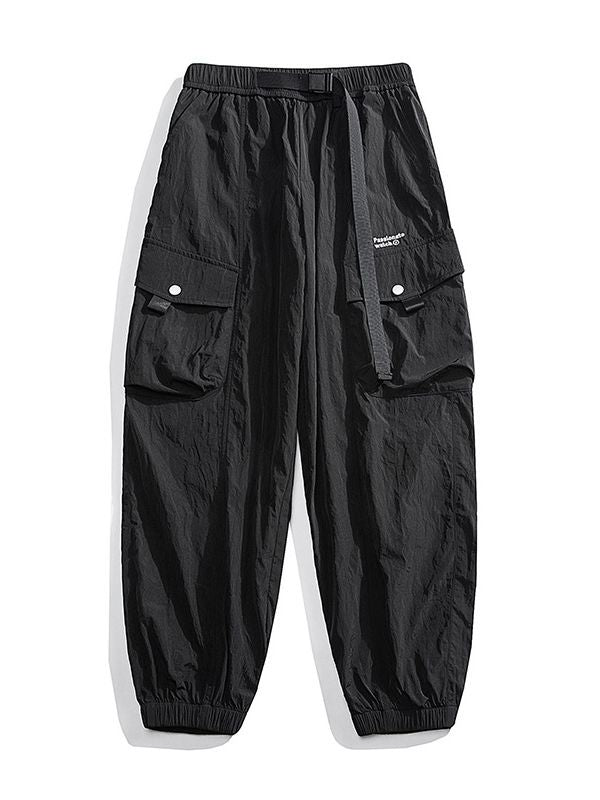 Men's Nylon Utility Cargo Pants with Elastic Waistband, Adjustable Belt and Flap Pockets Chichicherry