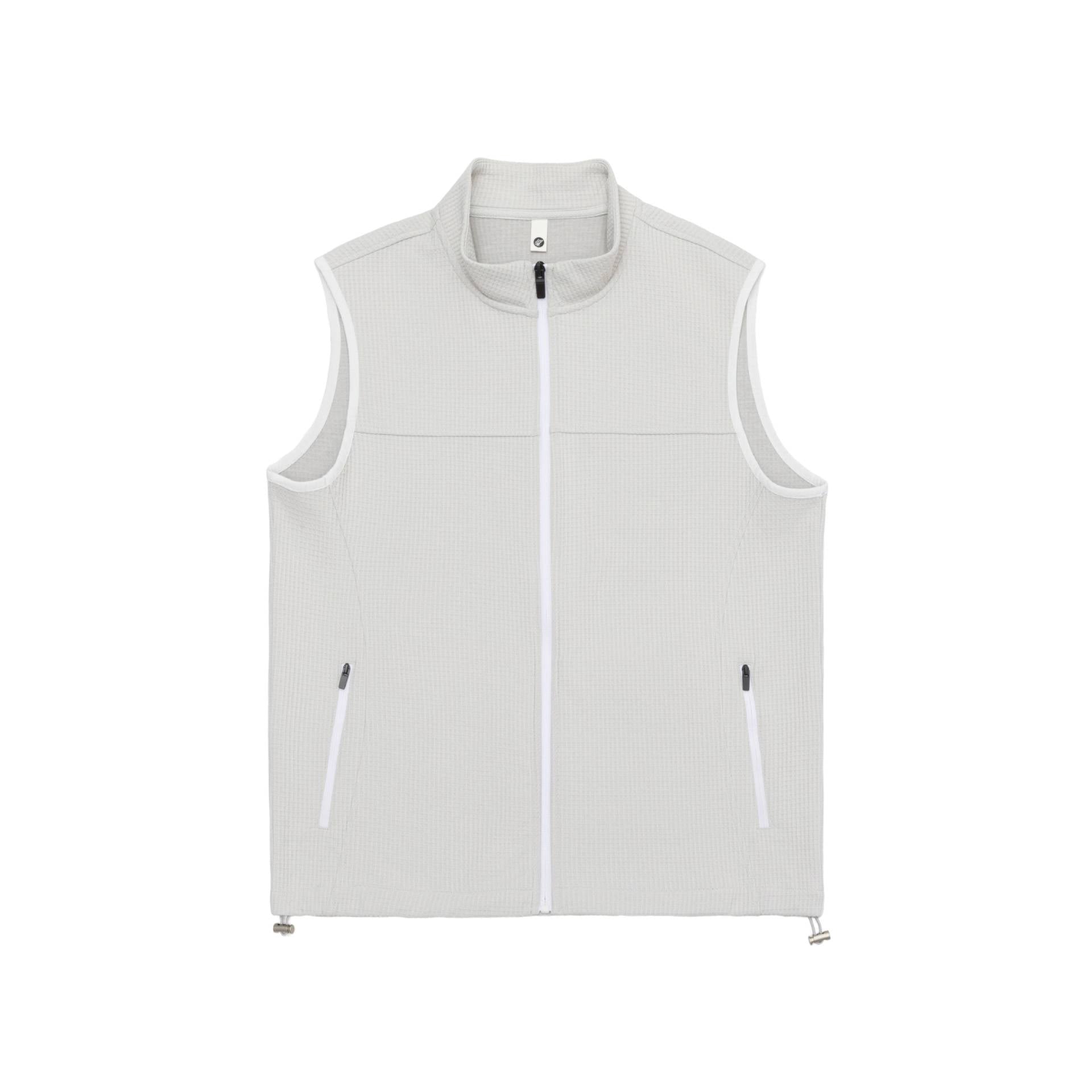 Unisex waffle-structured outdoor vest with stand-up collar, full-length zipper, and drawstring hem Chichicherry
