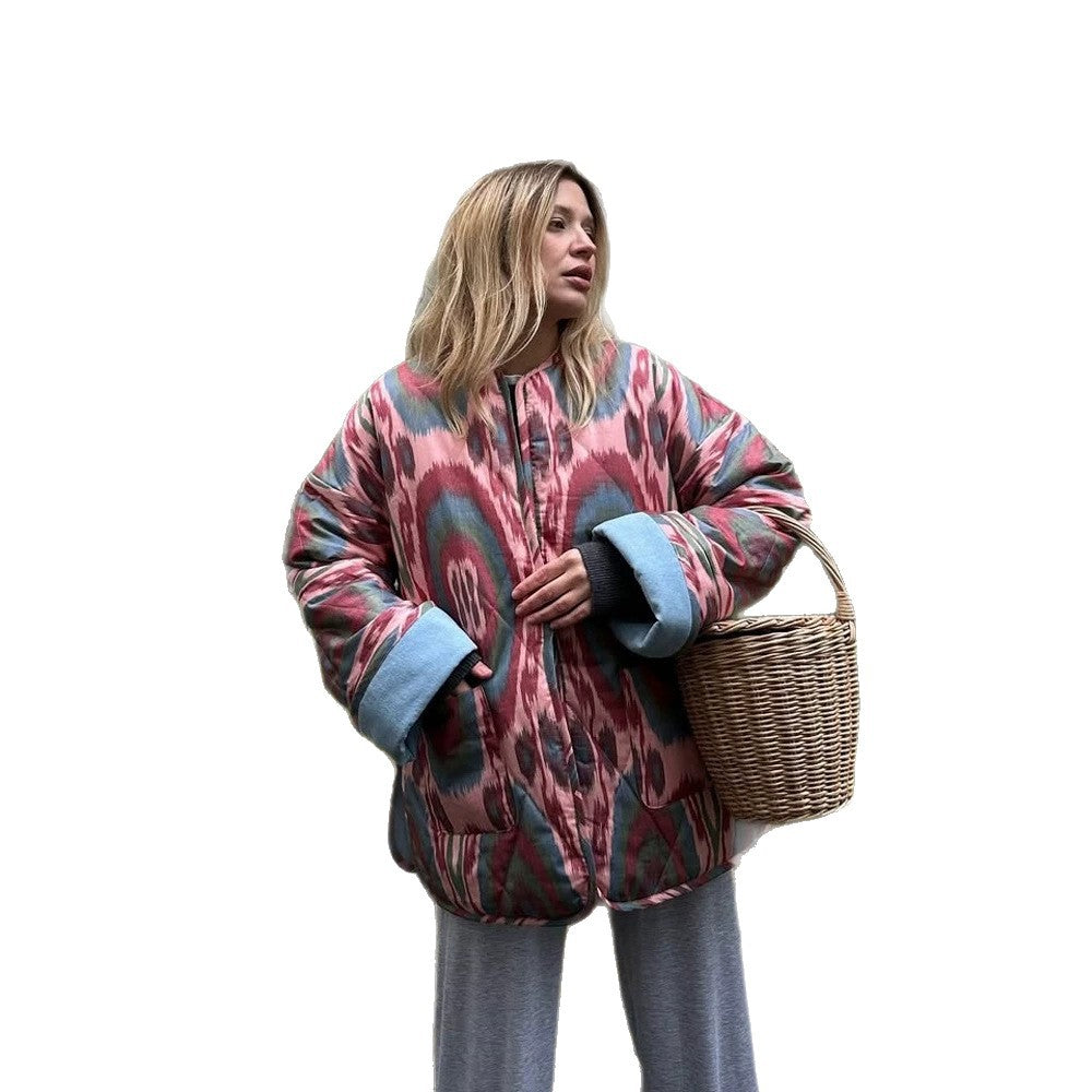 Women's quilted kimono jacket with ikat print, oversized cut and contrasting cuffs Chichicherry