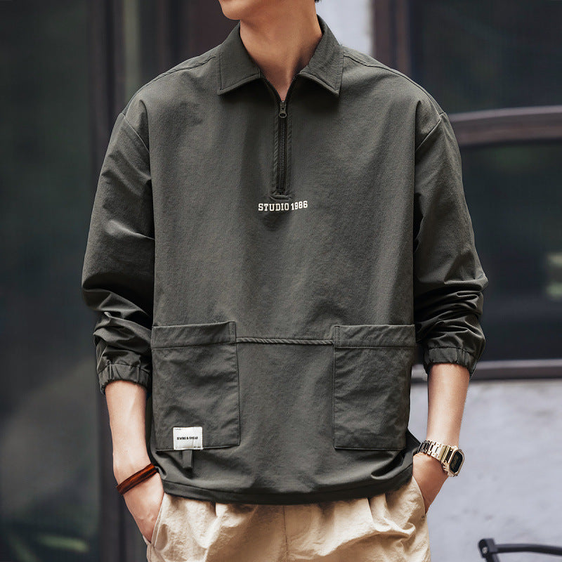 Herren Utility-Halbzip-Pullover mit Hemdkragen und Kängurutaschen Chichicherry