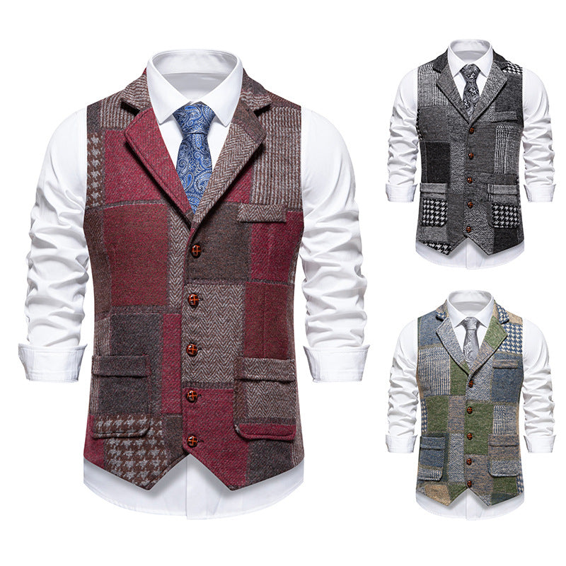 Men's Patchwork Tweed Vest with Notched Lapel and Flap Pockets Chichicherry