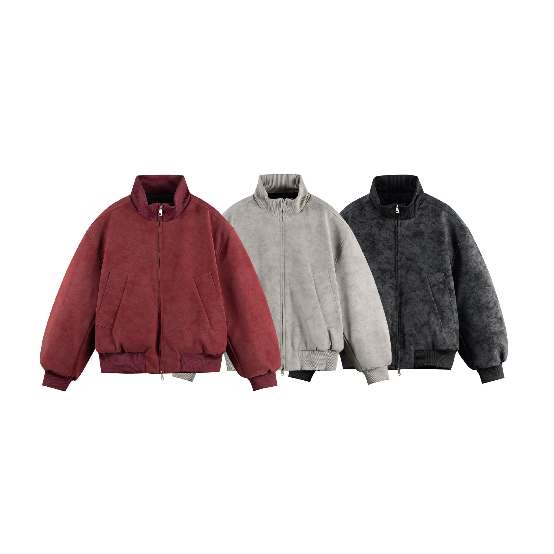Women's Boxy Bomber Jacket in Vintage Suede Look with High Ribbed Collar and Kangaroo Pockets Chichicherry