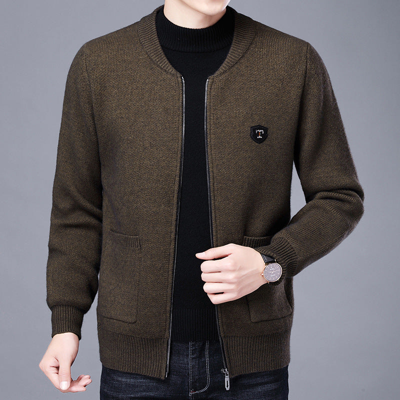 Men's fine-knit cardigan with full zip, chest emblem, and patch pockets Chichicherry