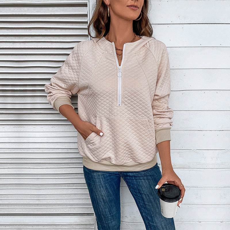 Women's quilted hoodie with half zipper, kangaroo pocket and quilted texture Chichicherry