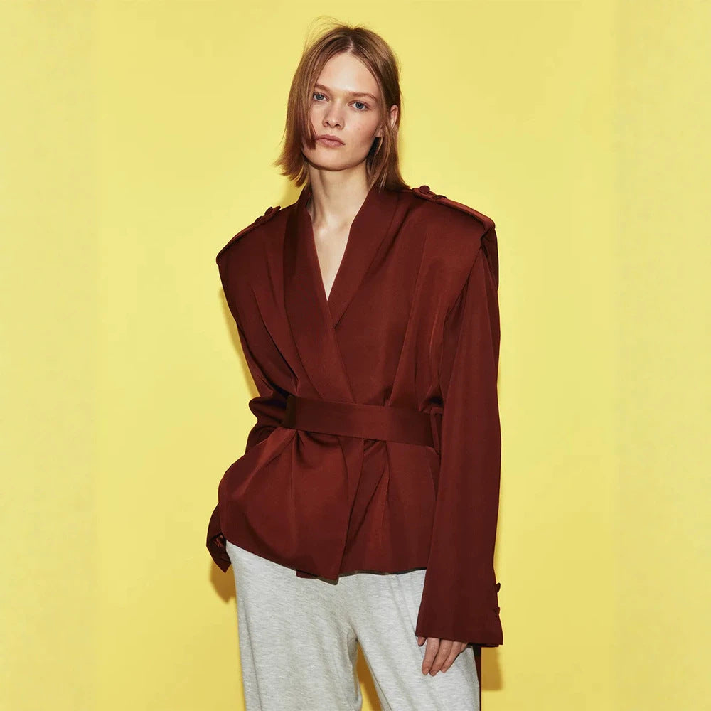 Women Tailored Wrap Blazer with Wide Belt and Decorative Epaulettes Chichicherry