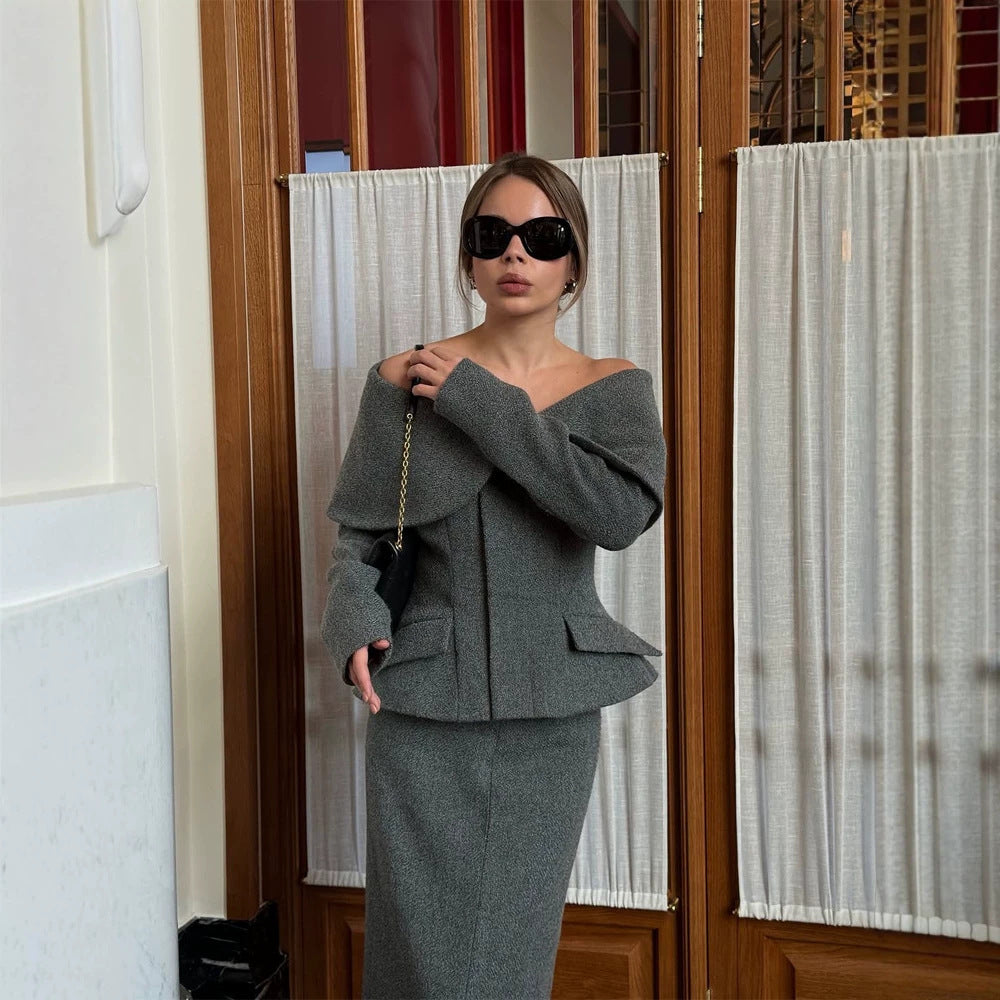 Women Elegant Boucle Set with Off-Shoulder Jacket and Fitted Pencil Skirt Chichicherry