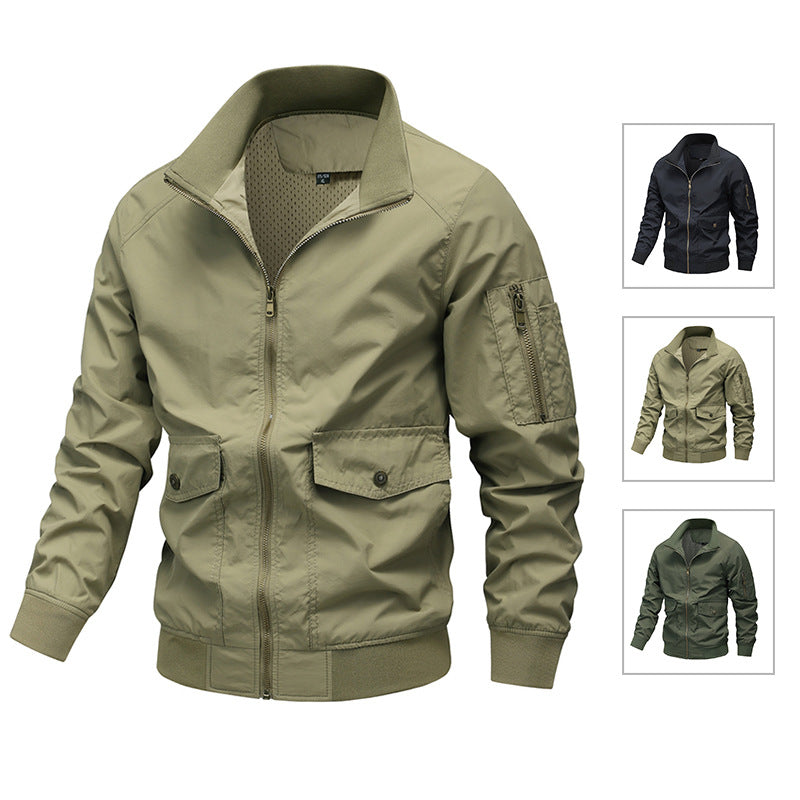 Men's Lightweight Utility Bomber Jacket with Arm Pocket and Mesh Lining Chichicherry