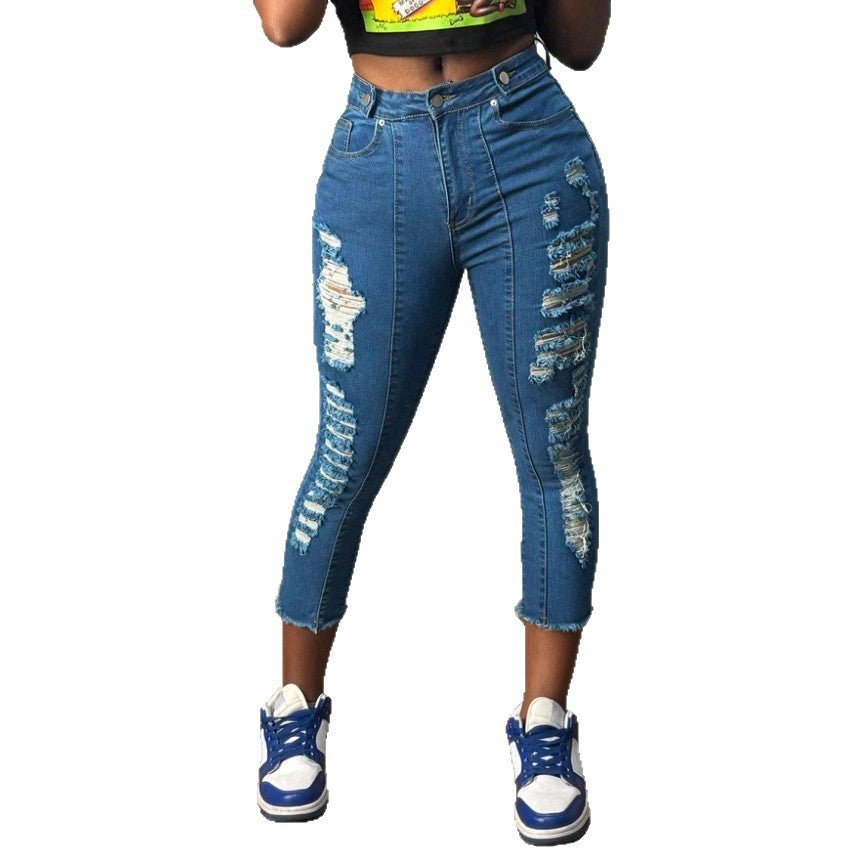 Women's high-cut ankle-length skinny jeans with generous rip details and raw hem Chichicherry