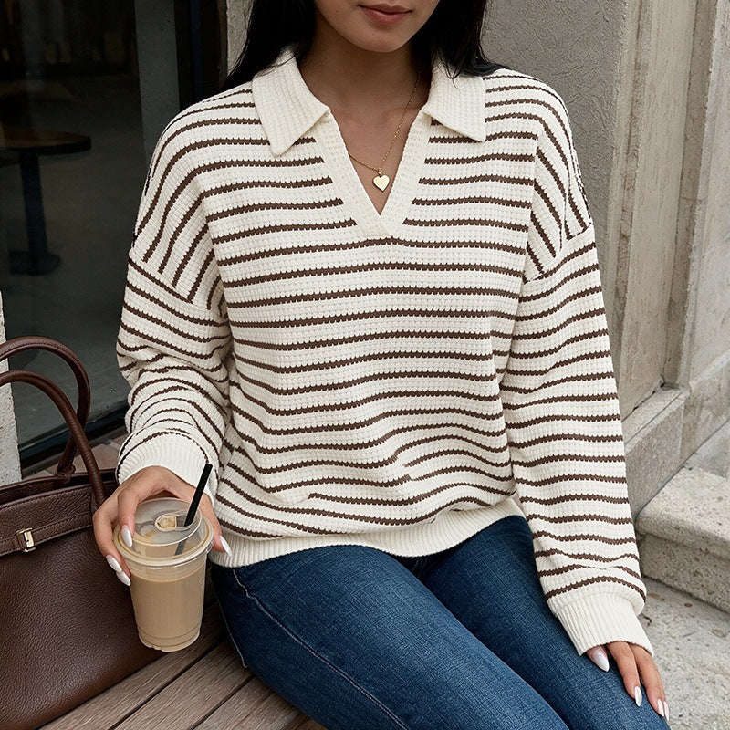 Women's Striped Waffle Knit Sweater with Shirt Collar and V-Neck Chichicherry