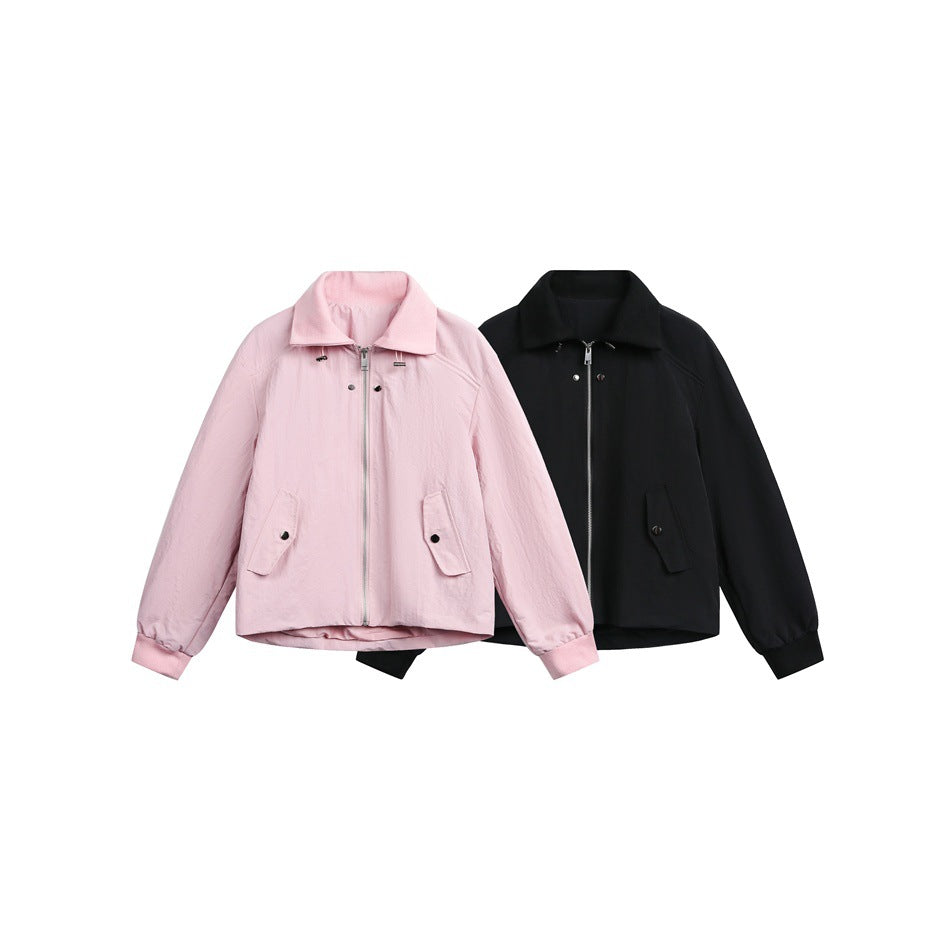 Women's boxy blouson jacket with high stand-up collar, elastic cuffs, and flap pockets Chichicherry