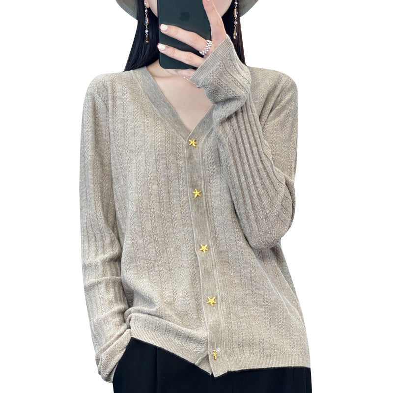Ladies Light V-Neck Cardigan with Textured Vertical Rib and Star Buttons Chichicherry