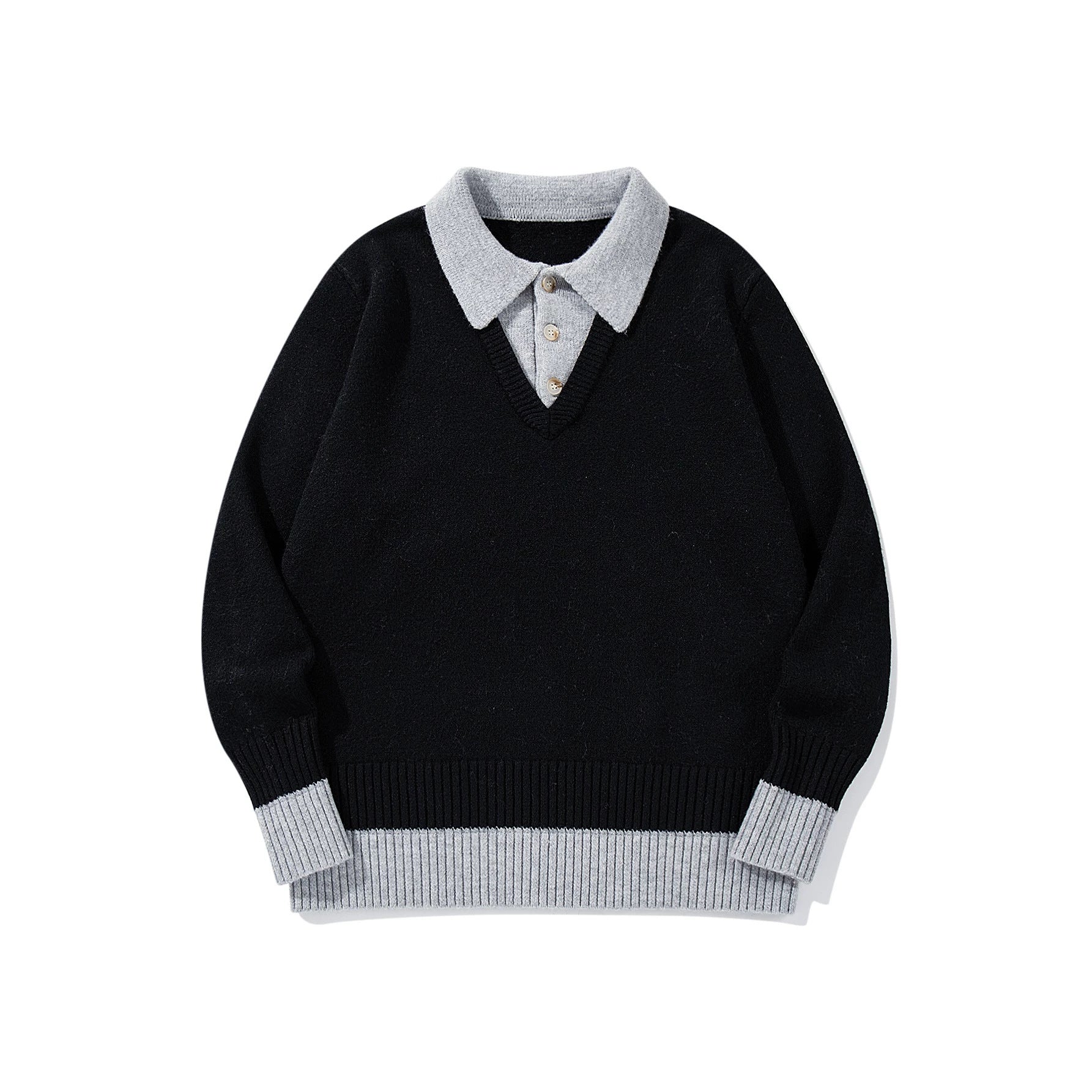 Men's Polo Collar Knitted Sweater with Button Placket and Contrasting Cuffs Chichicherry