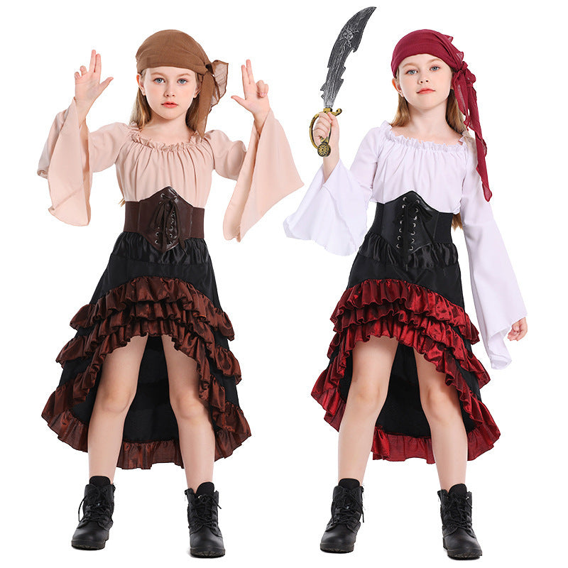 Girls Pirate Costume with Swinging Skirt and Detail-Loving Top Chichicherry