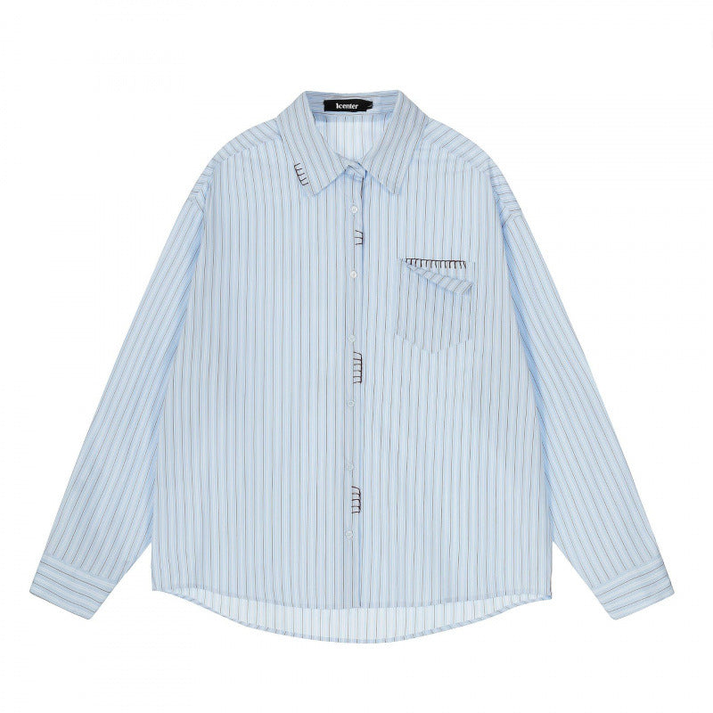 Men's Loose Oversized Shirt with Pinstripes, Chest Pocket and Contrast Stitches Chichicherry