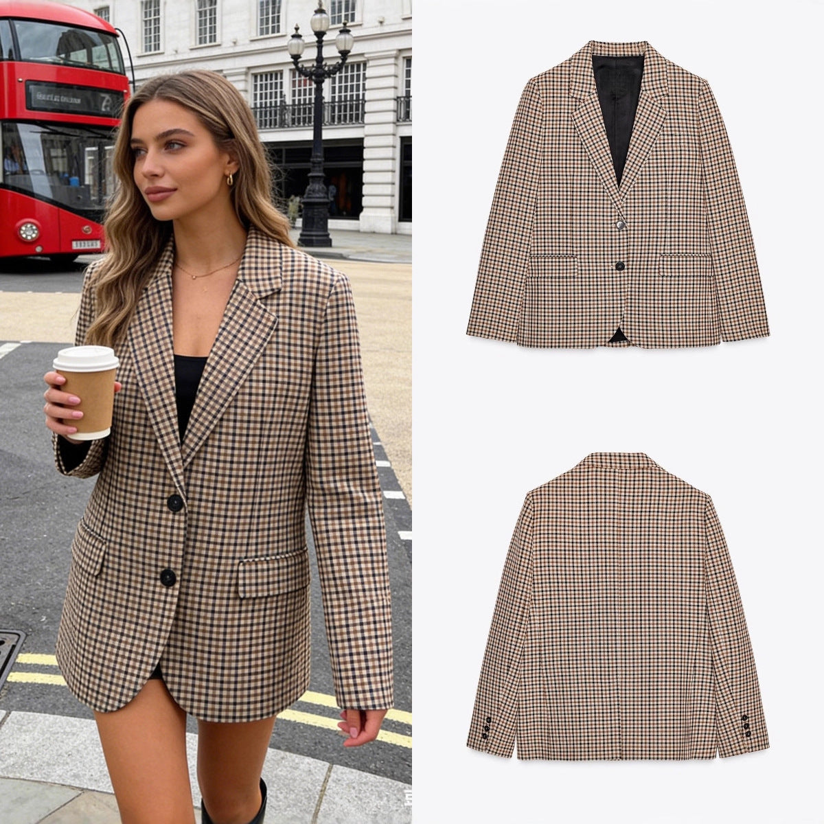 Women's Check Blazer in Modern Tailoring with Notch Lapel, Two-Button Closure and Lined Flap Pockets Chichicherry