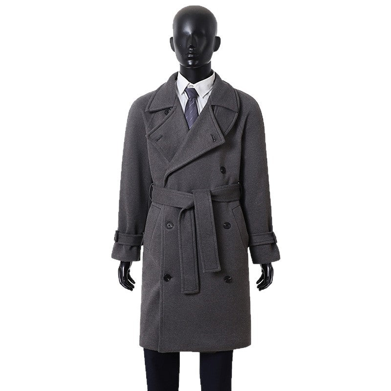 Men's Maxi-Length Double-Breasted Wool Mix Coat with High Stand Collar, Waist Belt and Adjustable Cuff Straps Chichicherry