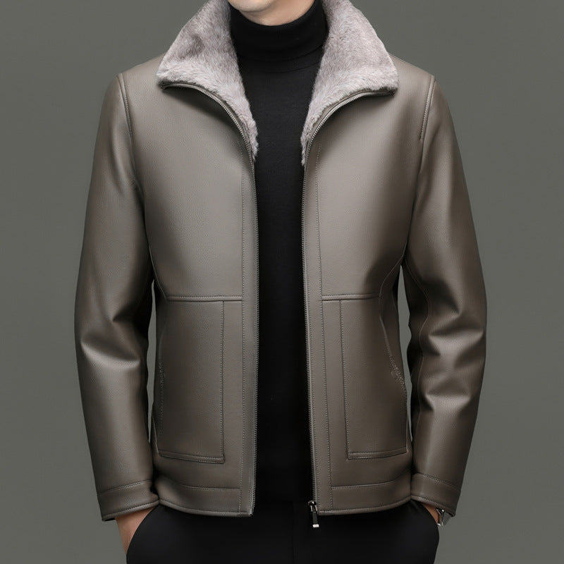 Men's leather jacket with warm teddy lining and front zipper Chichicherry
