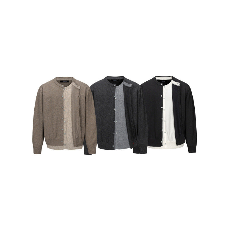 Men's fine knit cardigan with two-layer look, round neck and continuous button placket Chichicherry
