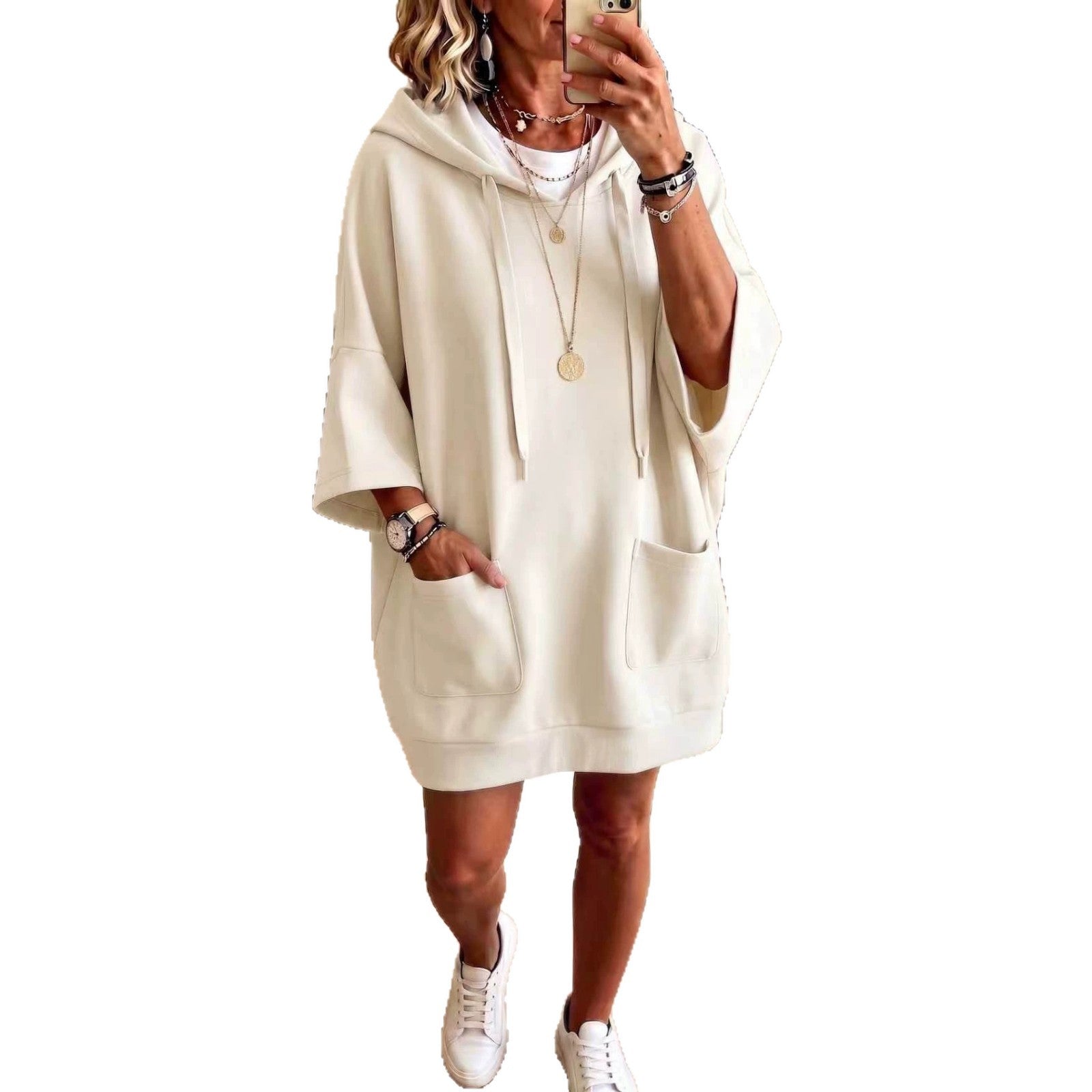 Women's Oversize Hoodie Dress with Kangaroo Pockets and Half-Length Sleeves Chichicherry