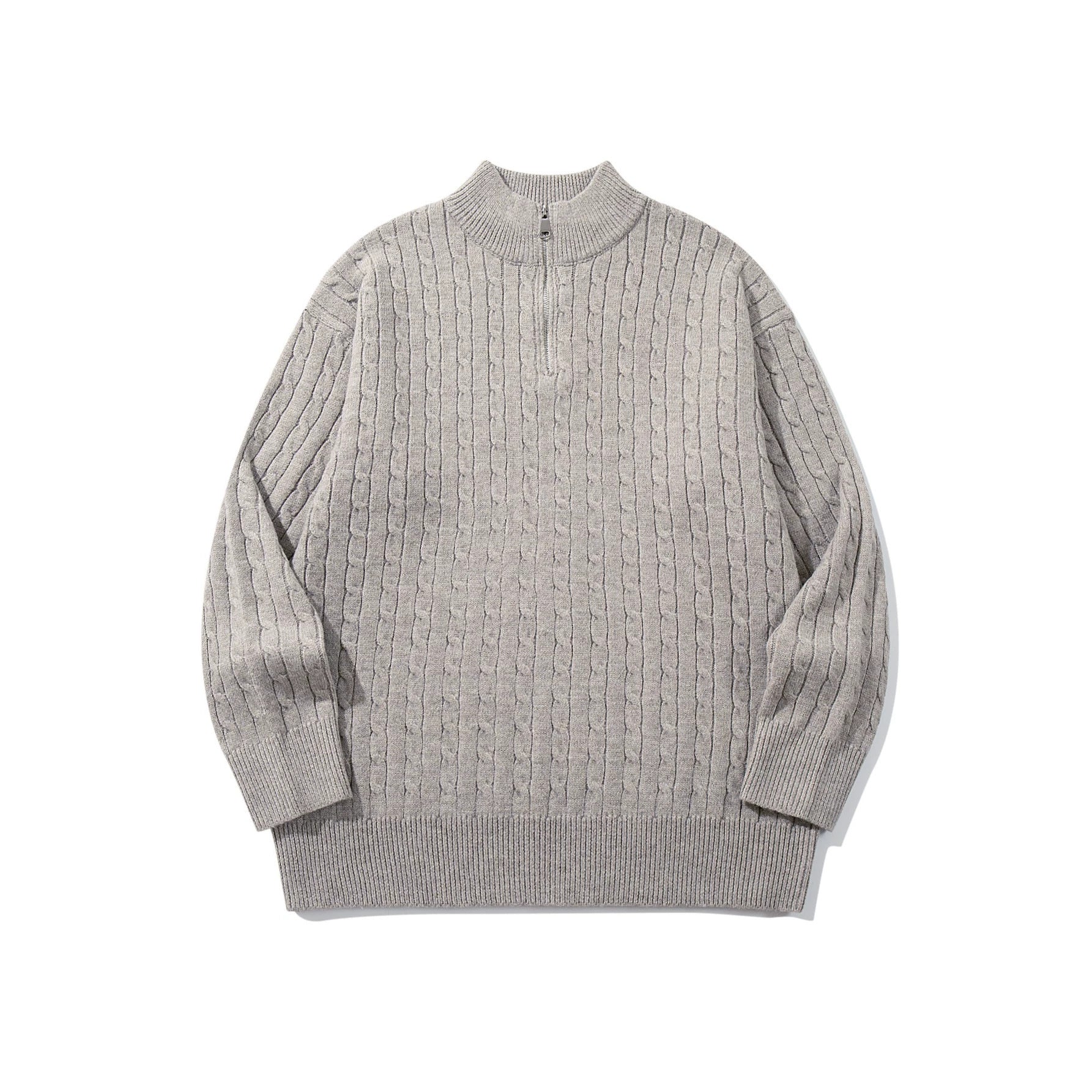 Unisex Cable Pattern Half-Zip Knit Sweater with High Ribbed Collar and Longer Hem Down
