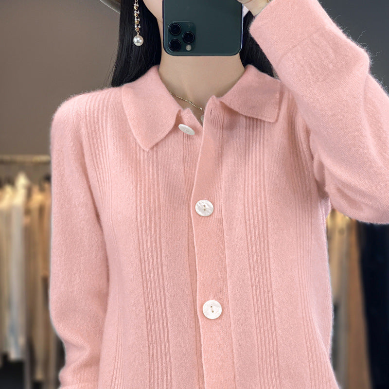 Women's button cardigan with shirt collar and fine vertical rib structure Chichicherry