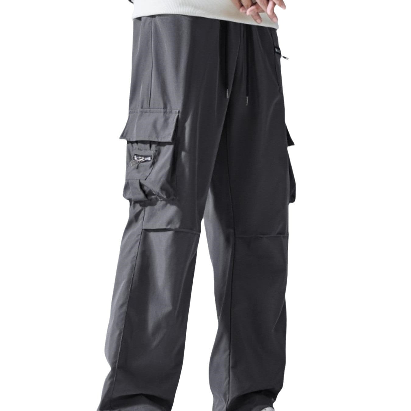 Men's Wide Cargo Pants in Baggy Cut with Drawstring Waist, Zipper Pocket & Flap Pockets Chichicherry