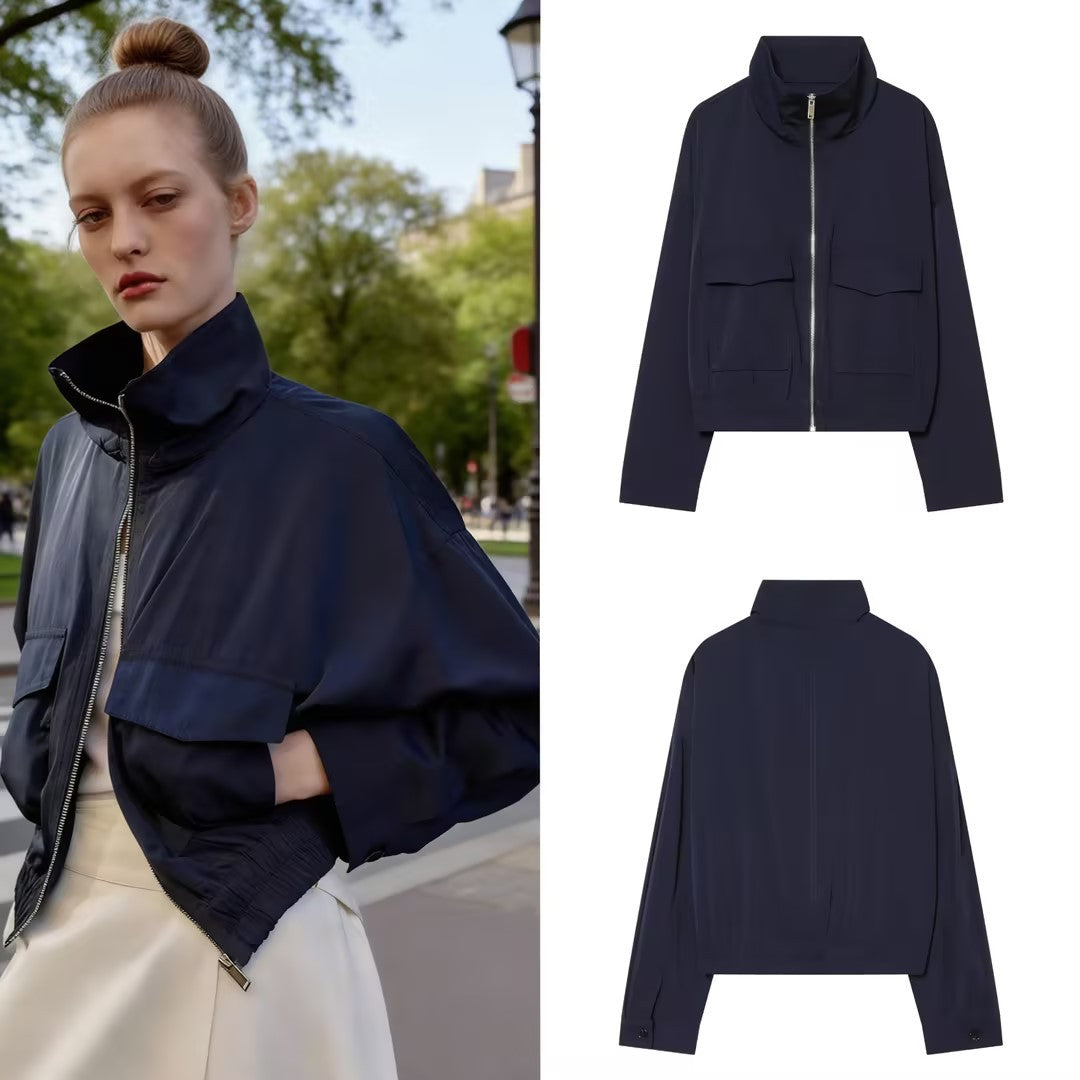 Women's Short Bomber Jacket with Stand-Up Collar, Zipper and Chest Flap Pockets Chichicherry