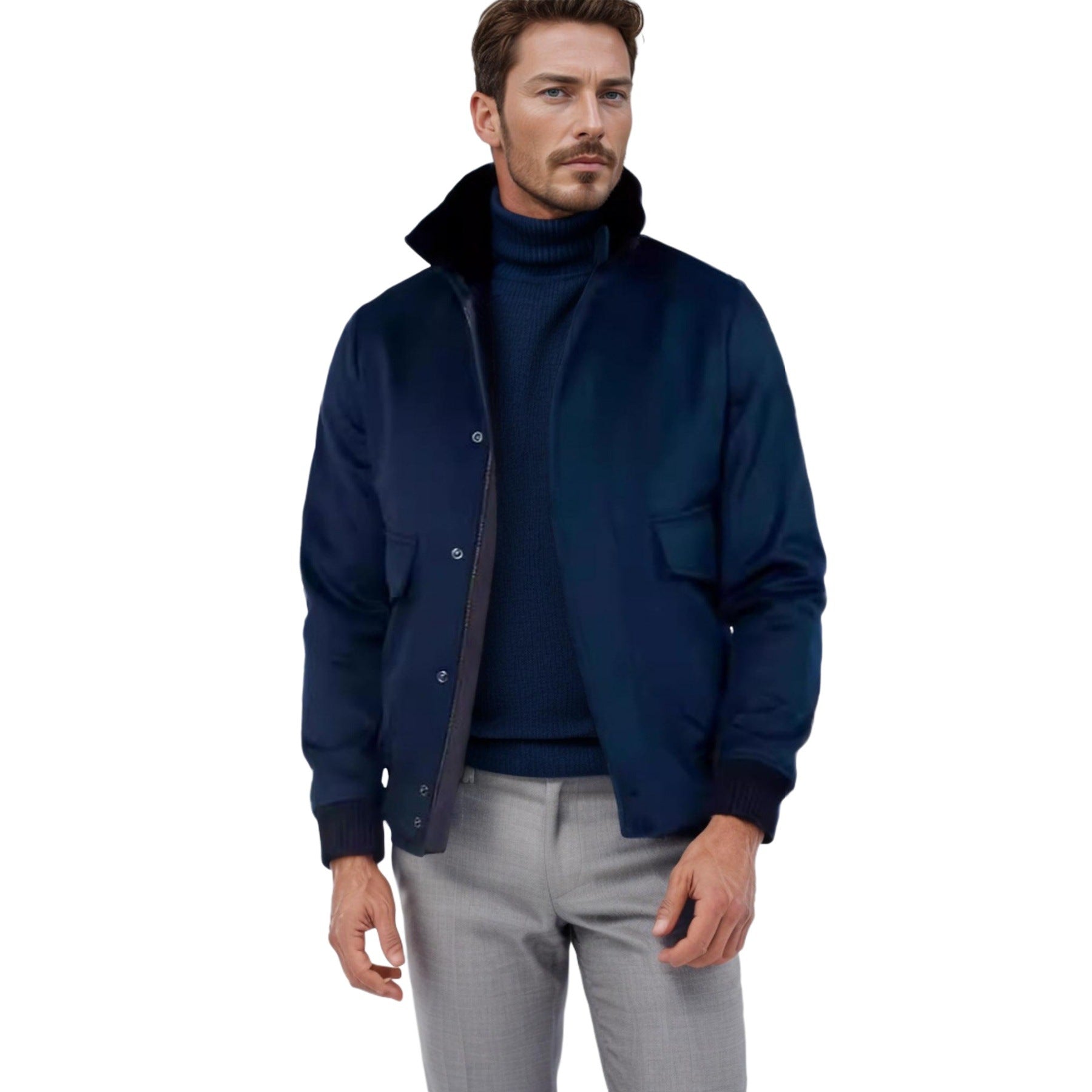 Men's bomber jacket with stand-up collar, snap button placket, and patch pockets Chichicherry
