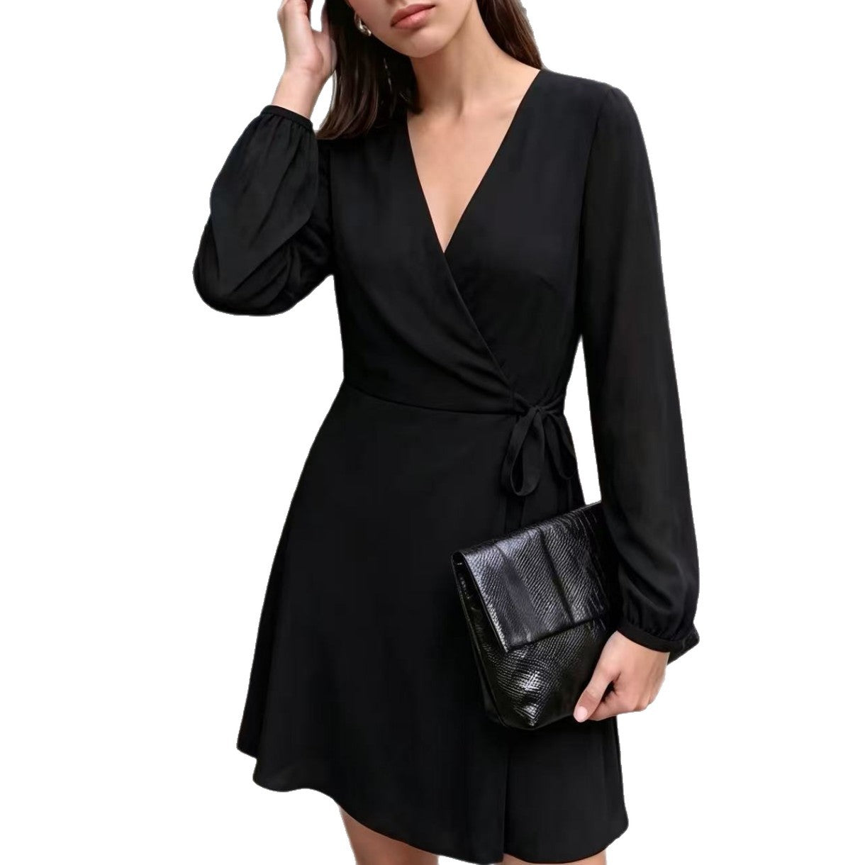Ladies Elegant Wrap Mini Dress with Deep V-Neck and Long Sleeves Chichicherry