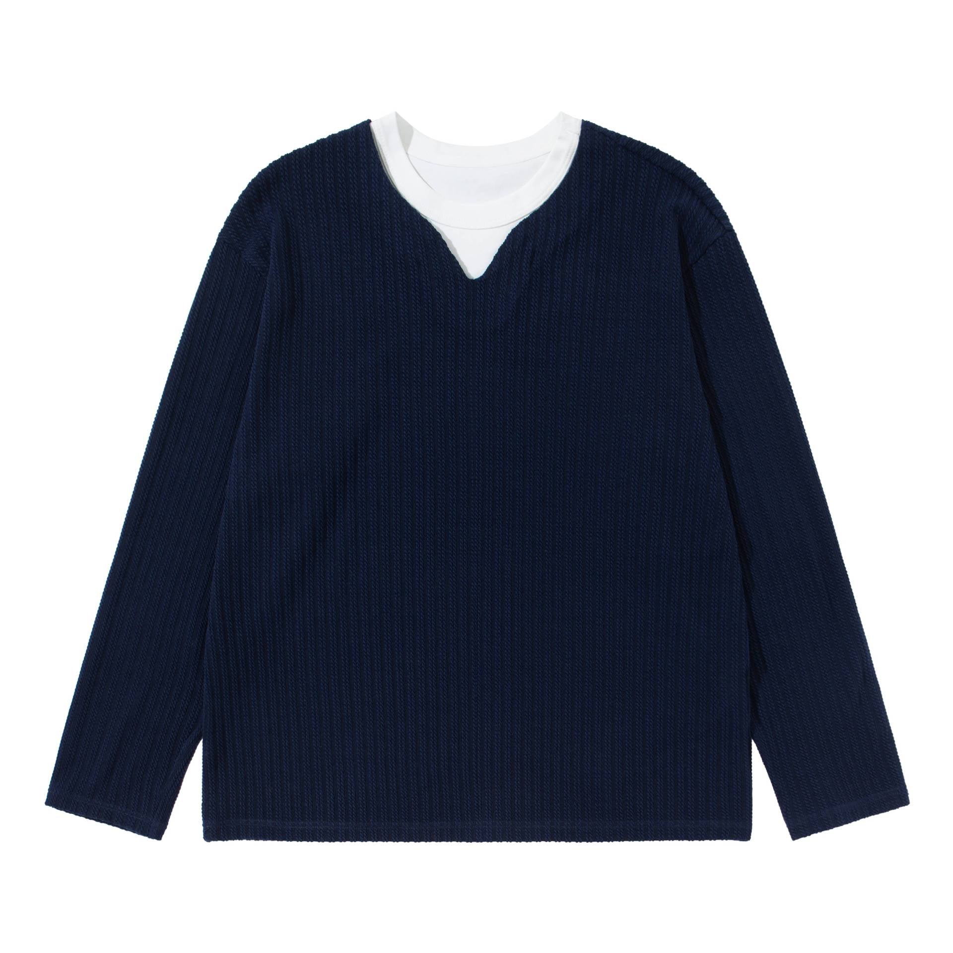 Unisex Ribbed Long Sleeve Pullover with V-Notch and Inserted Round Neck Underlayer Chichicherry
