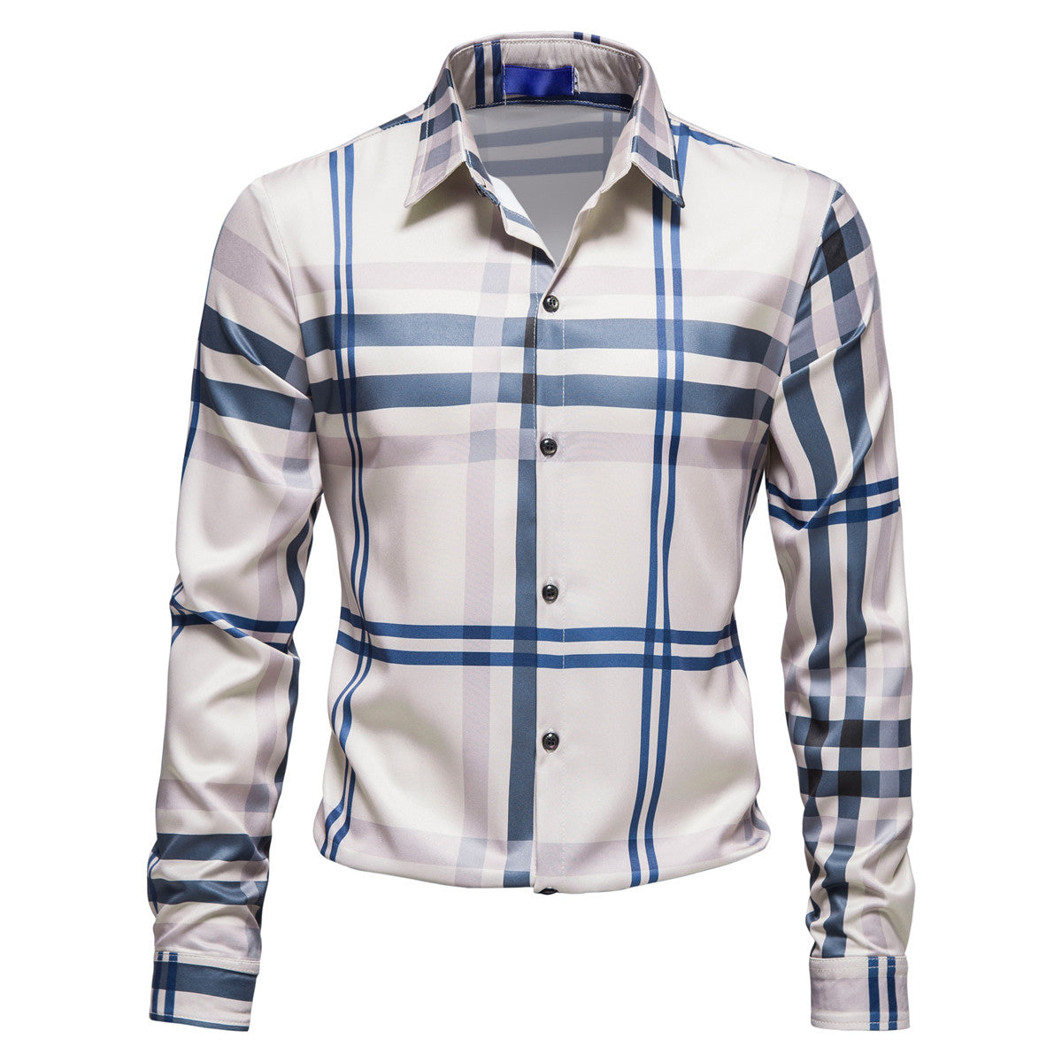 Men's Checked Slim-Fit Business Shirt with Shark Collar and Fine Shine Chichicherry