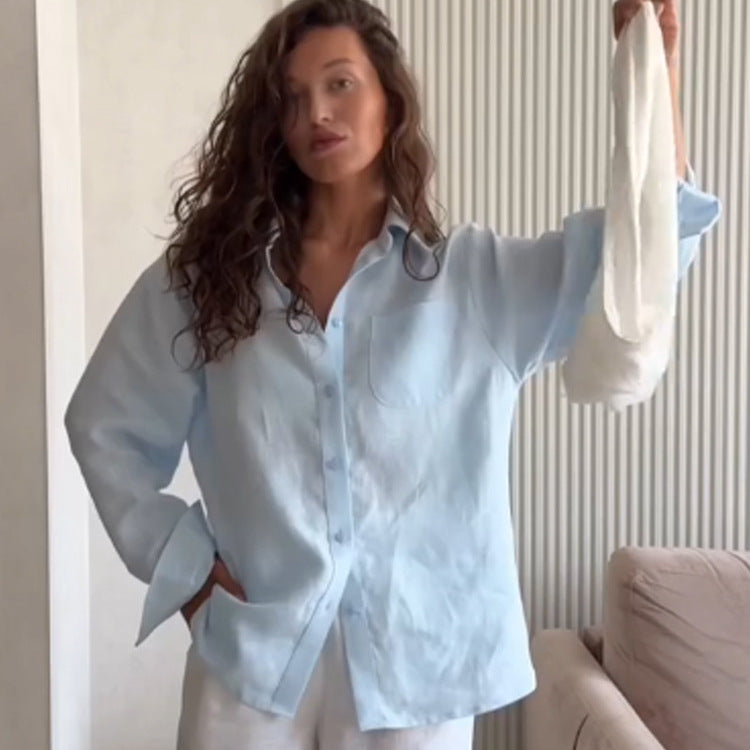 Women's Oversized Linen Shirt Blouse with Chest Pocket and Casual Fit Chichicherry