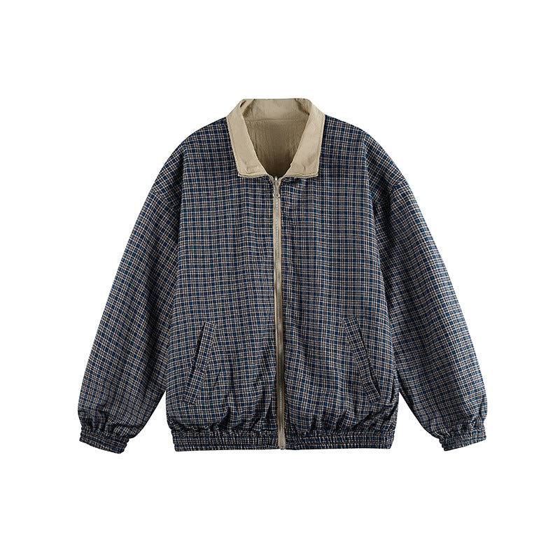 Unisex Lightweight Oversized Zip Jacket in Bomber Style with Checkered Collar and Elastic Cuffs Chichicherry