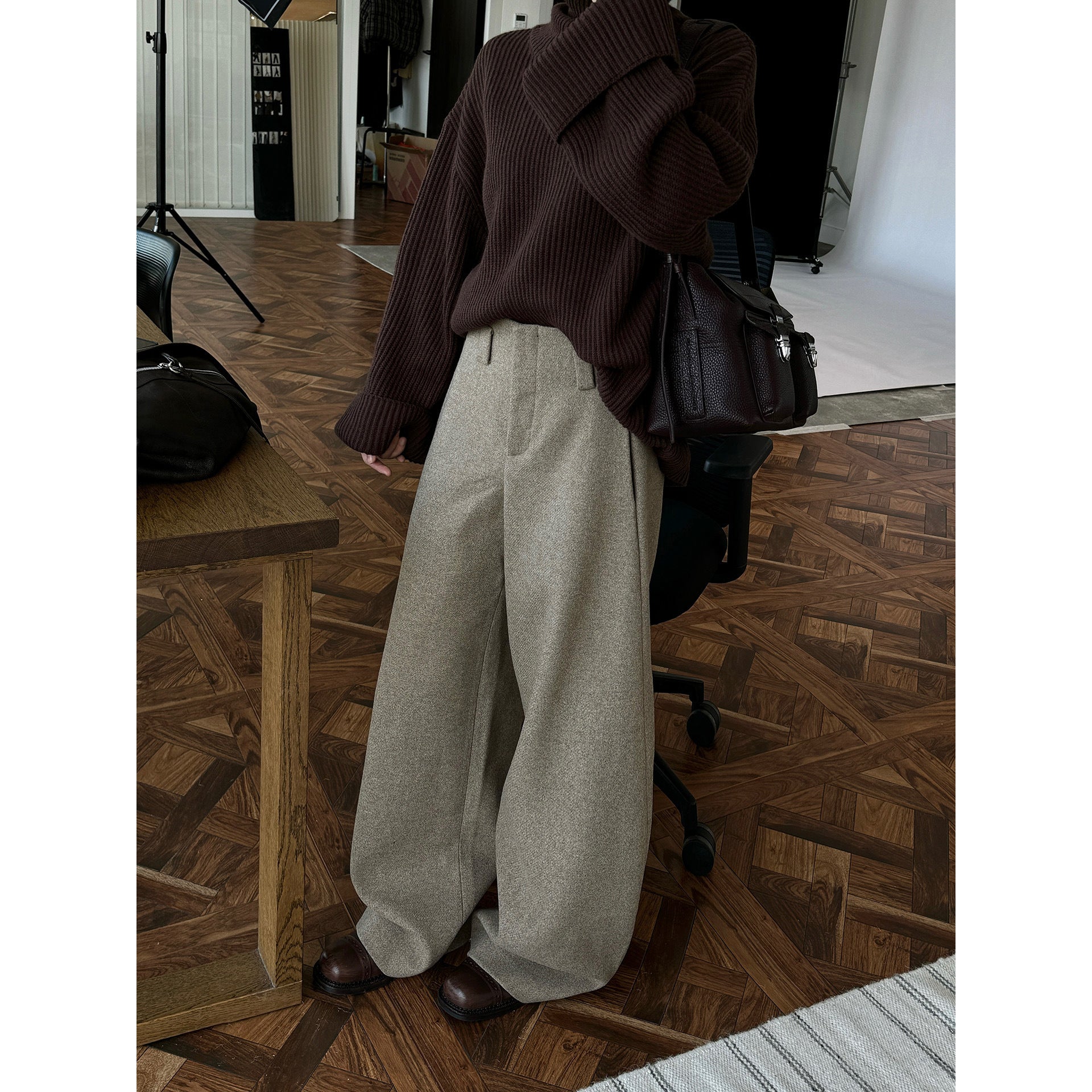 Women's Wide High-Waist Wool Blend Pants with Wide Legs, Belt Loops and Side Pockets Chichicherry