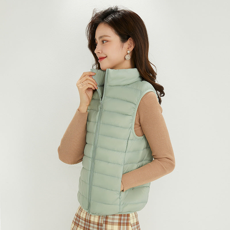 Women Minimalistic Ultra-Light Quilted Vest with Stand-Up Collar and Concealed Zipper Chichicherry