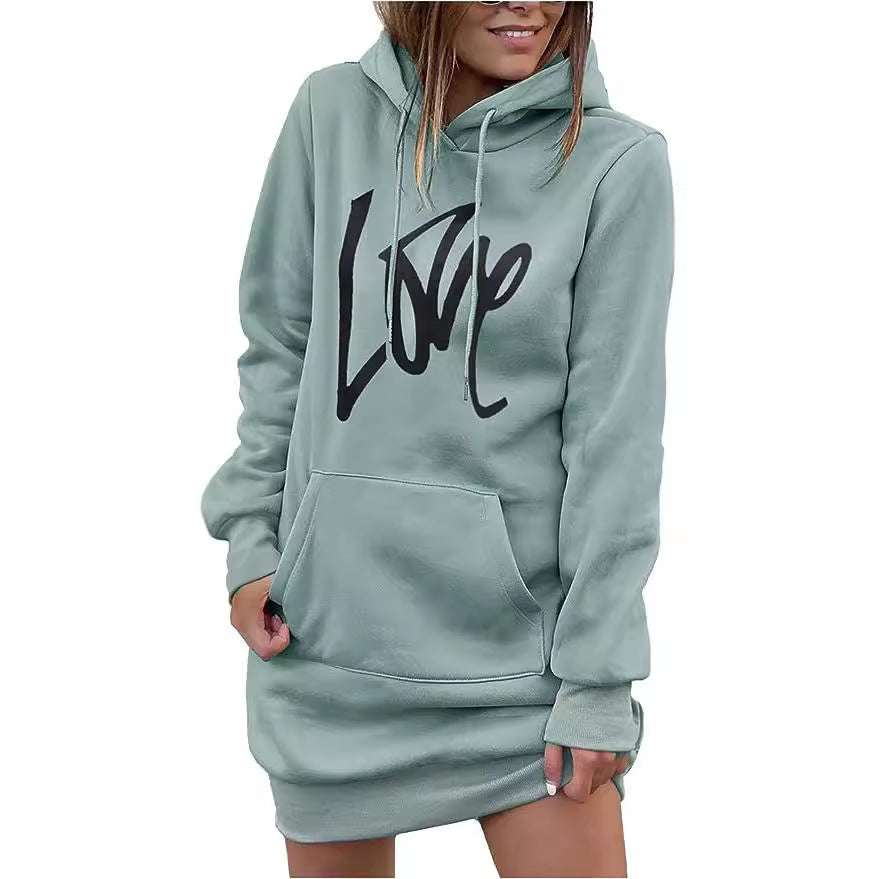 Damen Fleece-Kapuzenkleid mit Kängurutasche, Daumenlochärmeln und Oversize-Sweatshirt-Schnitt Chichicherry