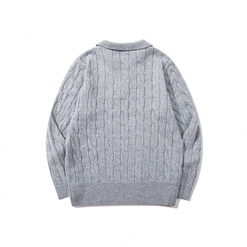 Men's chunky knit cable pattern sweater with polo collar and V-neck Chichicherry