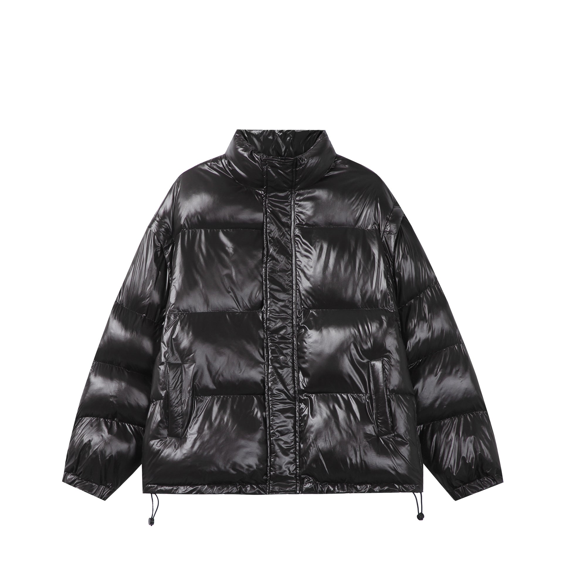 Unisex Shiny Boxy Quilted Oversized Puffer Jacket with High Stand-up Collar Chichicherry
