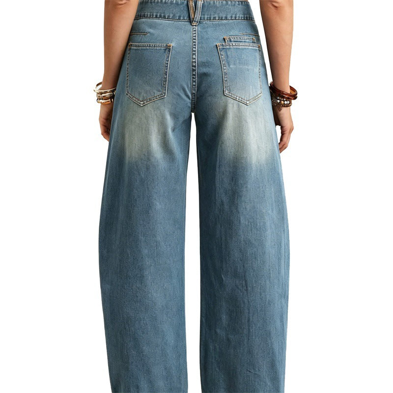 Women Wide High-Cut Jeans with Curved Seam Details and Patch Pockets Chichicherry